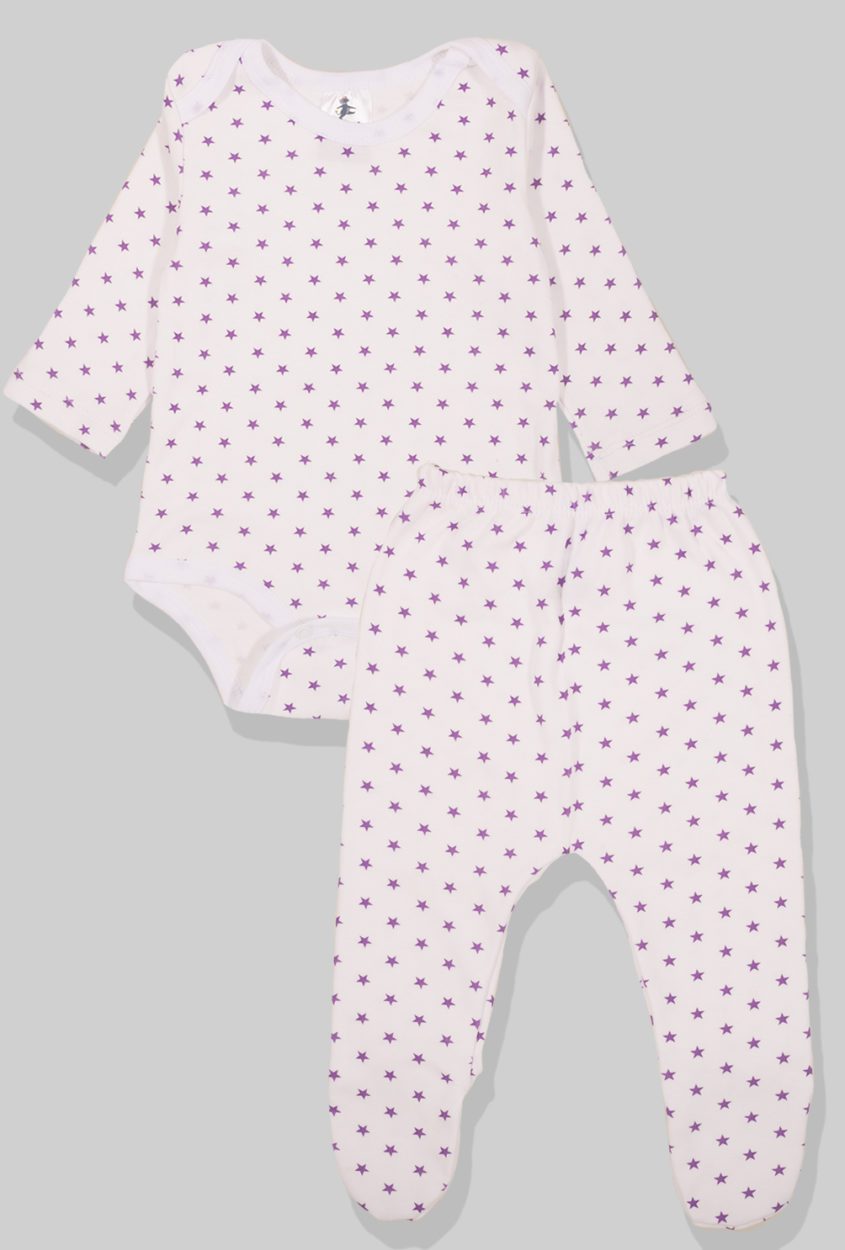 Flannel Open-Leg Pants & Bodysuit Set - Small Purple Stars (0-2 Years)