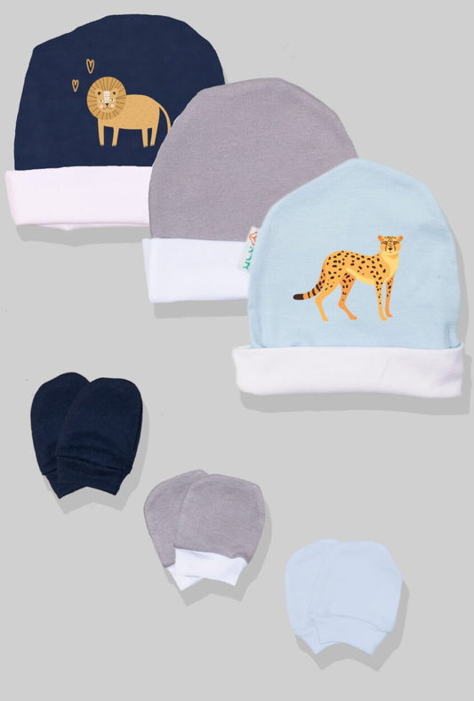 3-Pack Hat & Mittens Sets | Tiger | Plain | Lion (0-1Y)