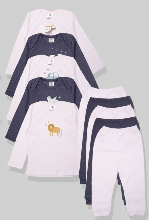Set of 5 - Long Sleeve Flannel Sleepsuits - Lion | Hot Air Balloon | Car | Polar Bear | Helicopter (1-2.5 Years)