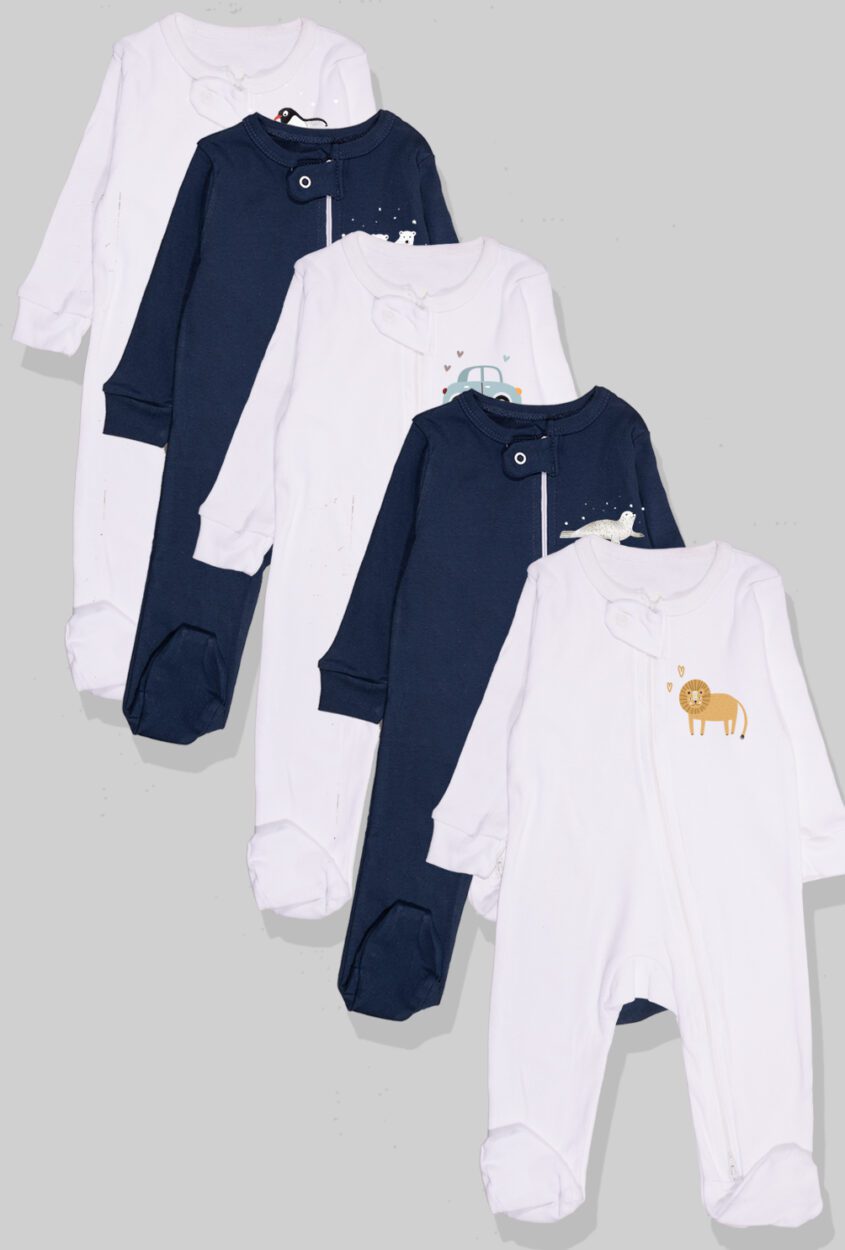 Set of 5 - Double-Zip Flannel Zipsuits | Lion | Hippo | Car | Polar Bear | Penguin (0-12 Months)