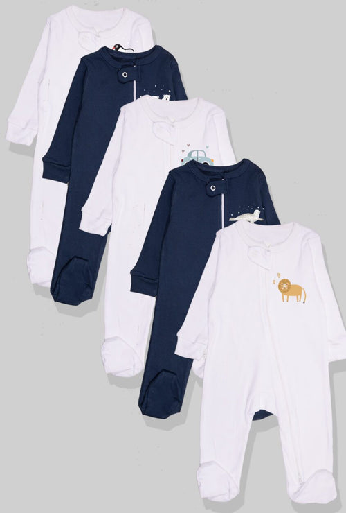 Set of 5 - Double-Zip Flannel Zipsuits | Lion | Hippo | Car | Polar Bear | Penguin (0-12 Months)