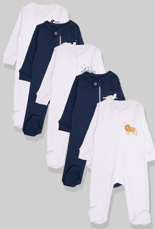 Set of 5 - Double-Zip Flannel Zipsuits | Lion | Hippo | Car | Polar Bear | Penguin (0-12 Months)