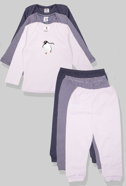 Set of 3 - Long Sleeve Flannel Sleepsuits – Stripes Solid Penguin (1 – 2.5 Years)