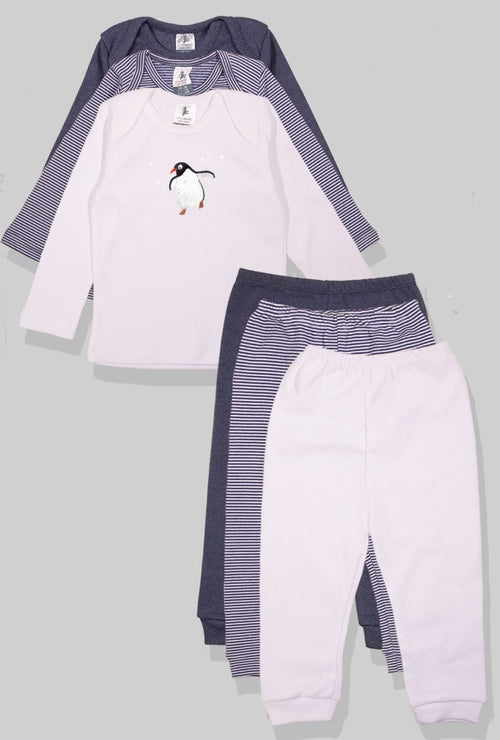 Set of 3 - Long Sleeve Flannel Sleepsuits – Stripes Solid Penguin (1 – 2.5 Years)