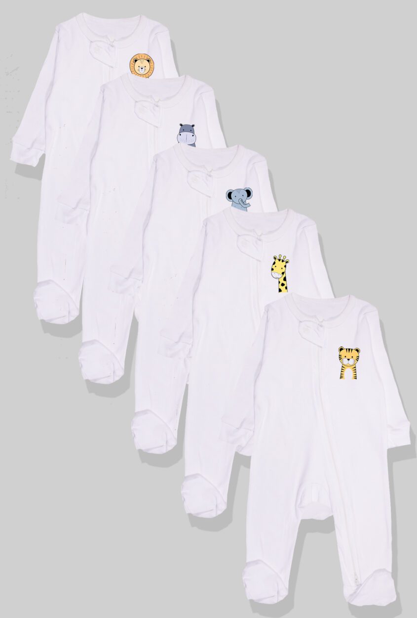 5-Pack Double Zip Flannel/Jersey Rompers - Animals (0-3M)
