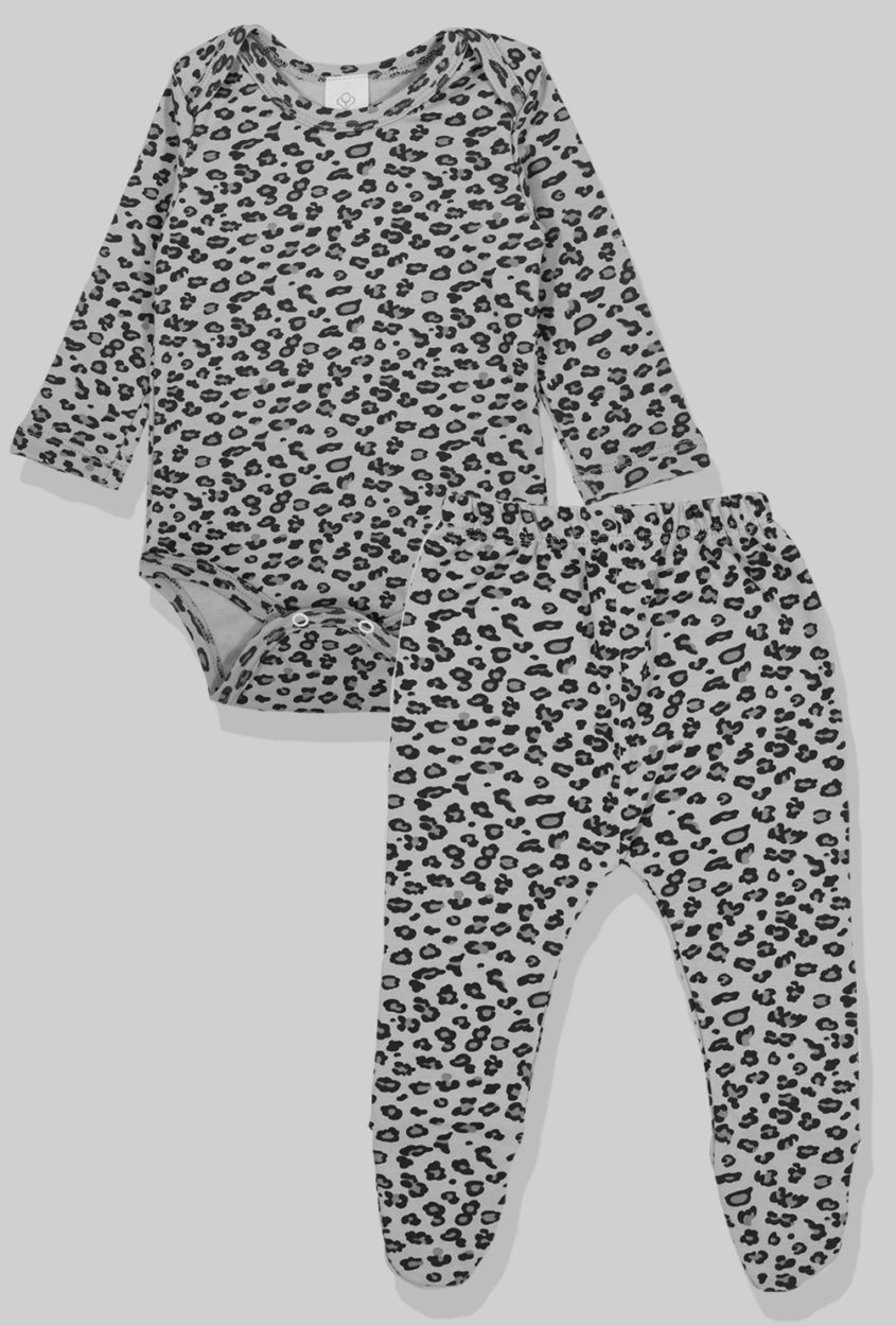 Flannel Open-Leg Pants & Bodysuit Set - Gray Leopard (0-2 Years)