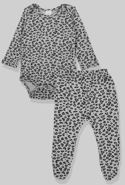 Flannel Open-Leg Pants & Bodysuit Set - Gray Leopard (0-2 Years)