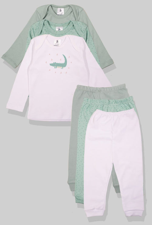 Set of 3 - Long Sleeve Flannel Sleepsuits - Crocodile | Dots | Solid (1-2.5 Years)