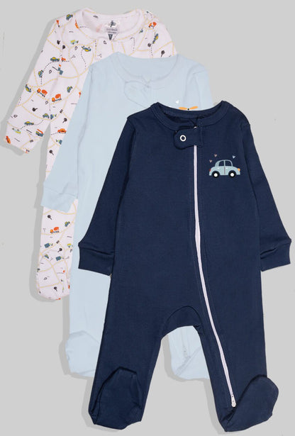 3-Pack Double Zip Jersey Rompers - Helicopter & Cars (0-3M)