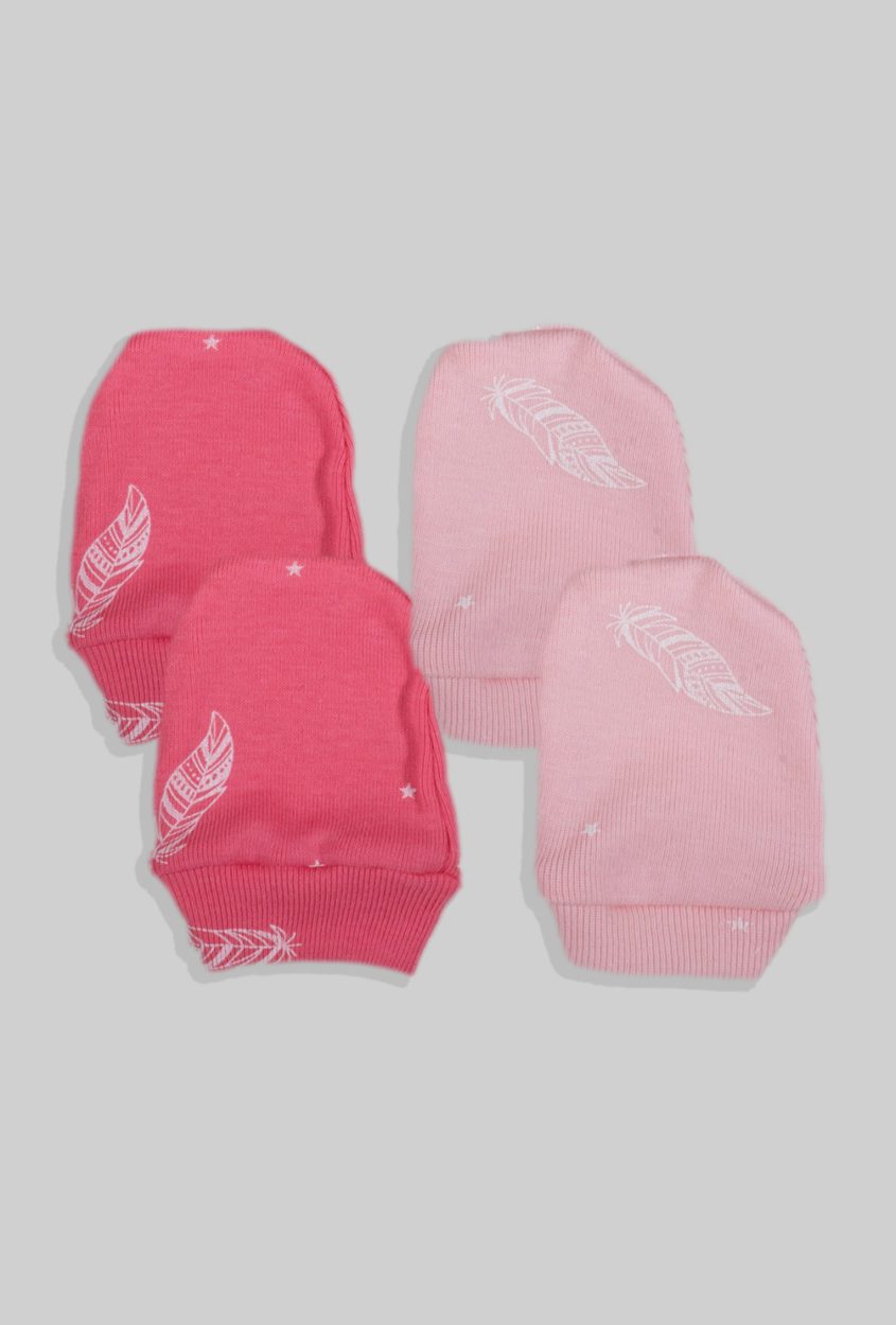 2-Pack Baby Mittens - Pink Feathers (0-3M)