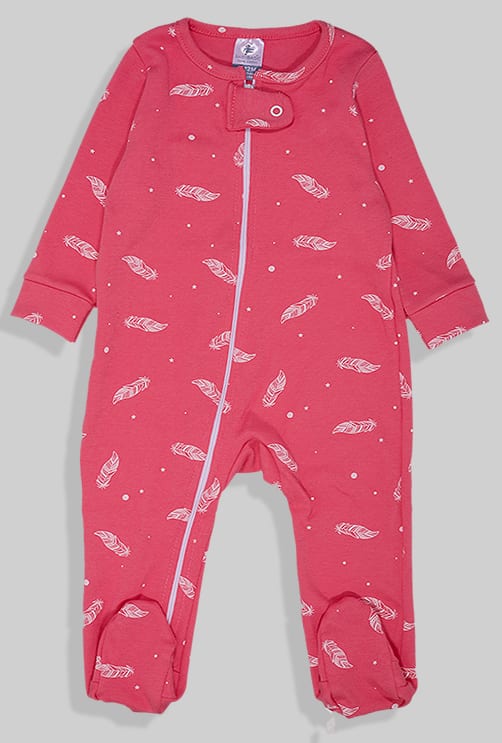 Double-Zip Flannel Zipsuit - Pink Feathers (0-6 Months)