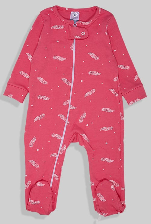 Double-Zip Flannel Zipsuit - Pink Feathers (0-6 Months)