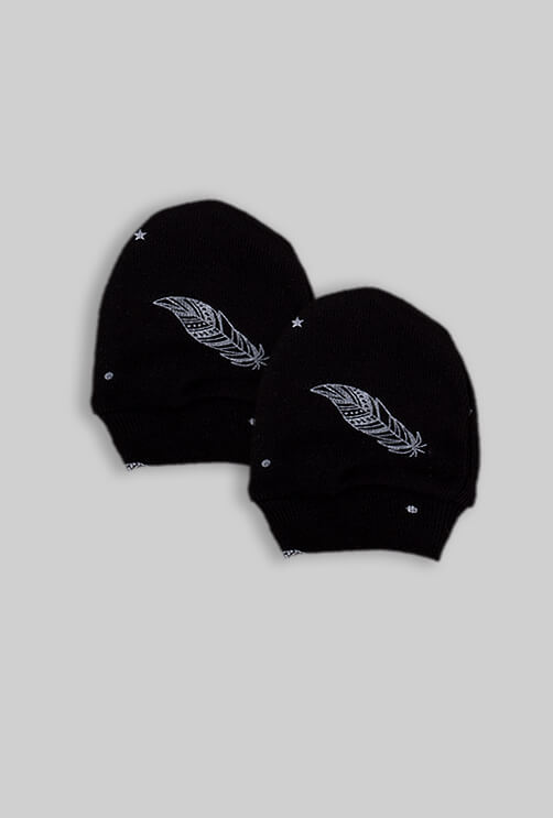 Baby Mittens - Black Feathers Base (0-3M)