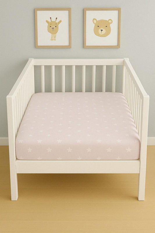 Baby Fitted Sheet - Light Pink Stars - Cot / Toddler Bed | Cradle | Playpen