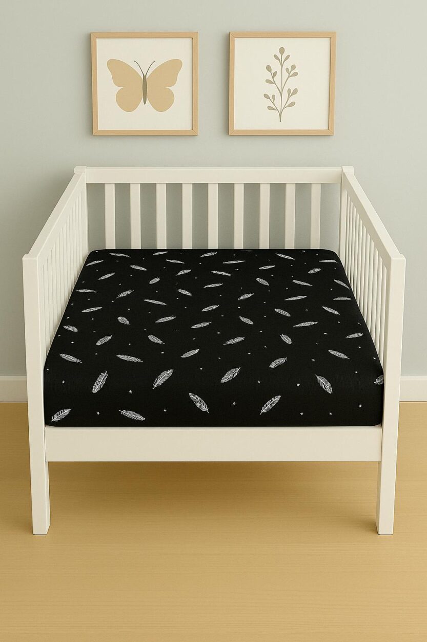Baby Fitted Sheet - Black Feathers - Cot / Toddler Bed | Cradle