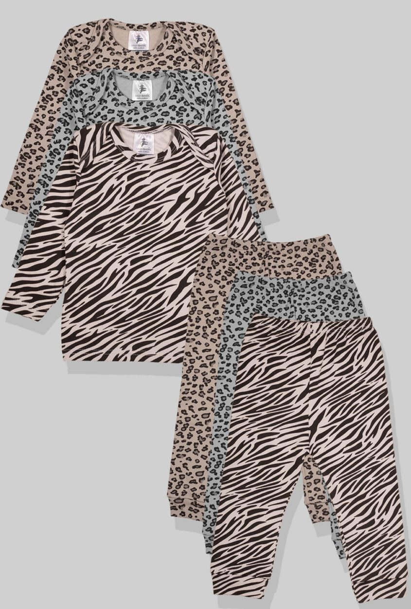 Set of 3 - Long Sleeve Flannel Sleepsuits - Zebra | Gray Leopard | Brown Leopard (1-2.5 Years)
