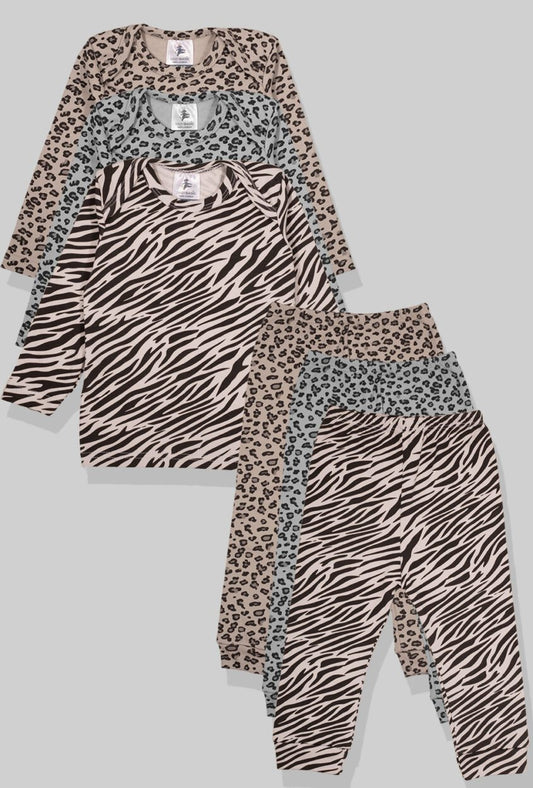 Set of 3 - Long Sleeve Flannel Sleepsuits - Zebra | Gray Leopard | Brown Leopard (1-2.5 Years)