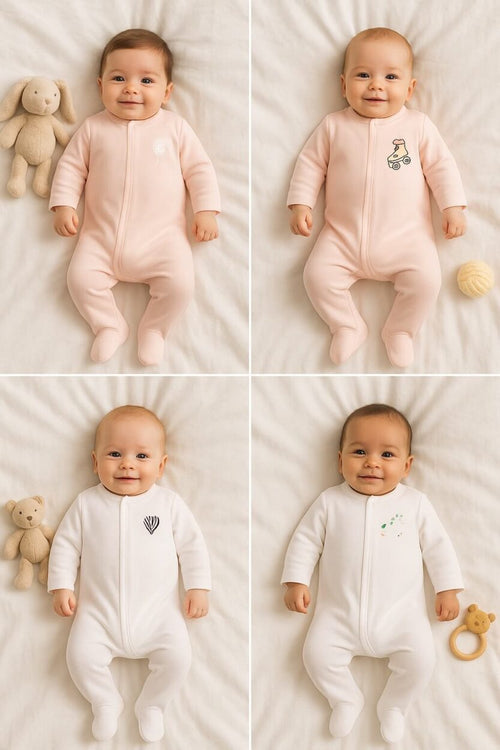4-Pack Double Zip Flannel/Jersey Rompers | Balloon | Heart | Wheels | Unicorn (0-3M)