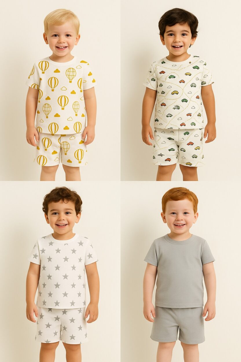 Set of 4 - Short Sleepsuits | Hot Air Balloon | Cars | Stars | Solid (2-4 Years)