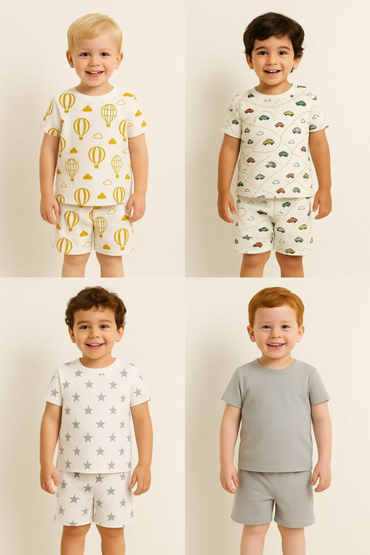 Set of 4 - Short Sleepsuits | Hot Air Balloon | Cars | Stars | Solid (2-4 Years)