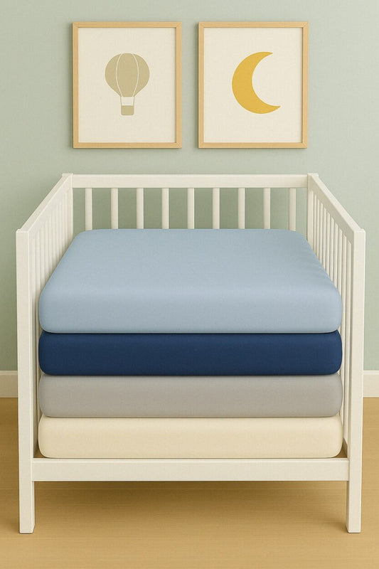 4-Pack Fitted Sheets - Blue, Light Blue, Grey, Cream - Cot / Toddler Bed | Playpen | Cradle | Pram
