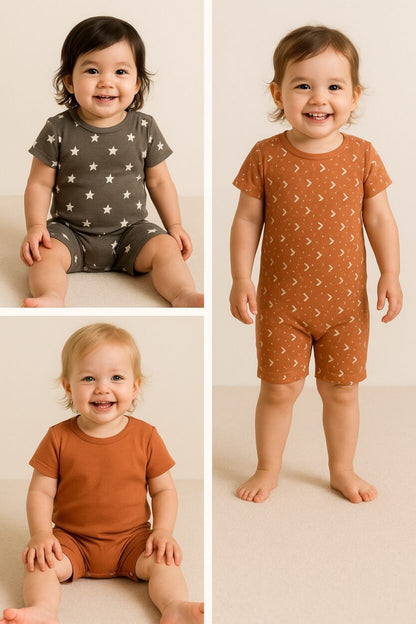 Set of 3 - Short Zipsuits - Triangles Stars Solid - Brown Gray (3-24 Months)