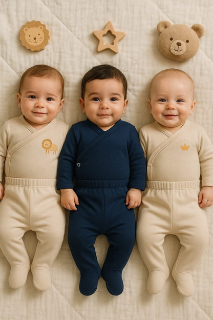 3-Pack Sets - Envelope Bodysuit & Footie Flannel | Lion | Plain | Crown