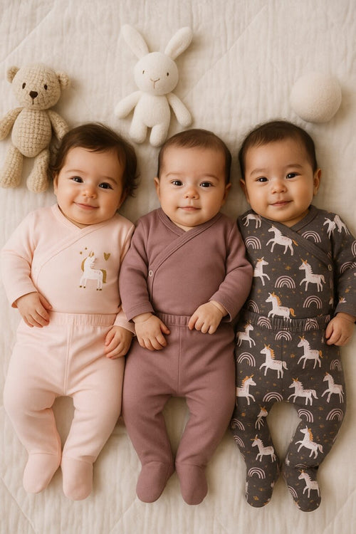 3-Pack Sets - Envelope Bodysuit & Footie Jersey - Purple & Unicorns