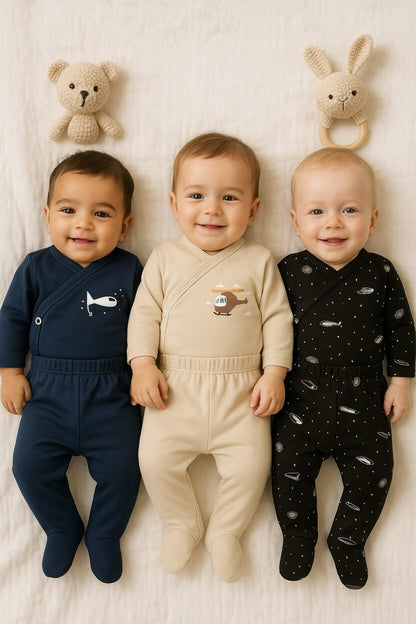 3-Pack Sets - Envelope Bodysuit & Footie Flannel - Spaceships & Helicopter