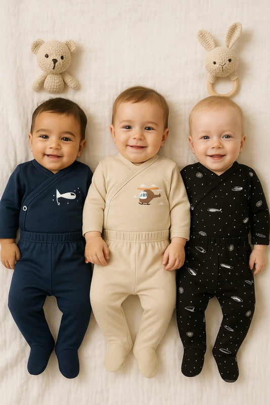 3-Pack Sets - Envelope Bodysuit & Footie Flannel - Spaceships & Helicopter