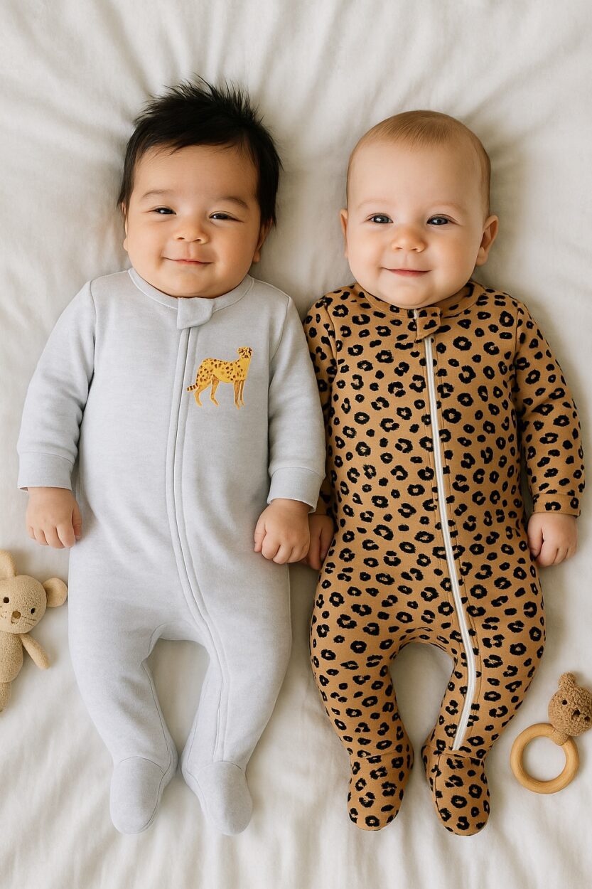 2-Pack Double Zip Flannel Rompers - Grey Brown Spotted (0-12M)