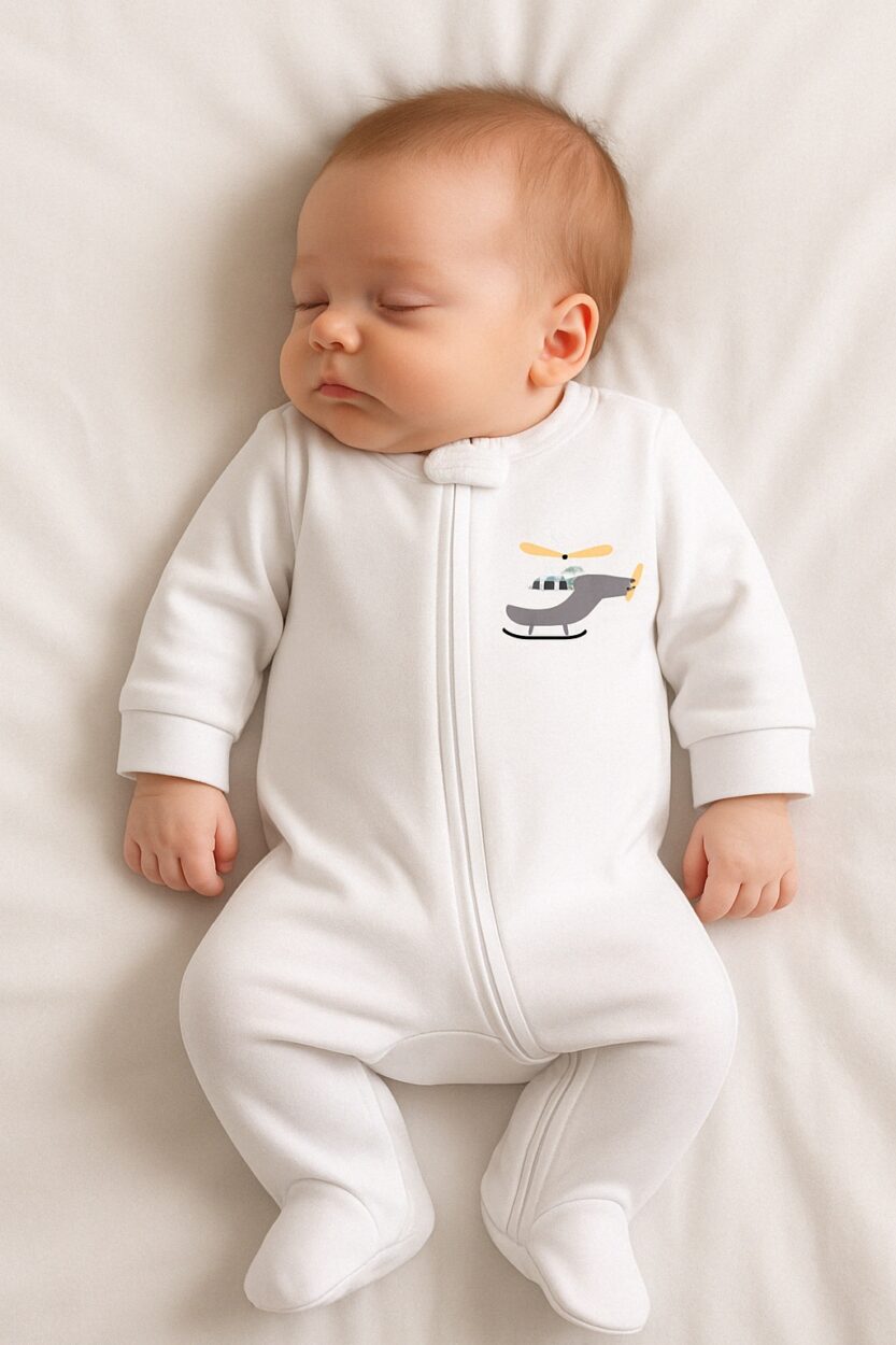Baby Jersey/Flannel Double Zip Romper - Plain White - Helicopter (0-3M)