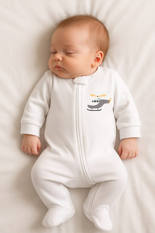 Baby Jersey/Flannel Double Zip Romper - Plain White - Helicopter (0-3M)