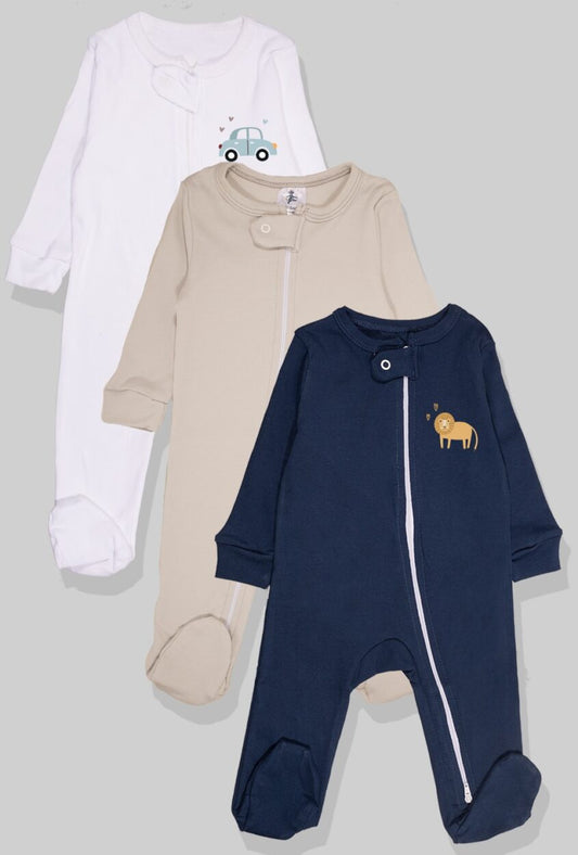 Set of 3 - Double-Zip Flannel Zipsuits - Lion | Gray Solid | Car (0-12 Months)