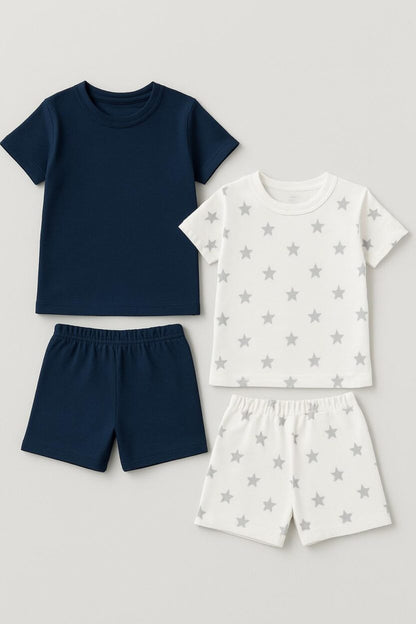 Set of 2 - Short Sleepsuits | Stars & Blue Solid (2-4 Years)