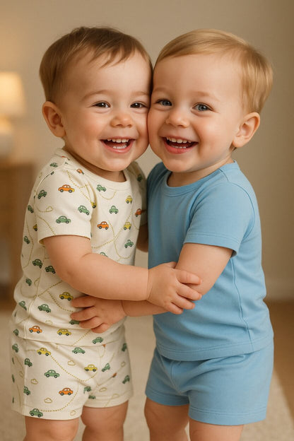 Set of 2 - Short Sleepsuits | Sky Blue & Cars (2-4 Years)