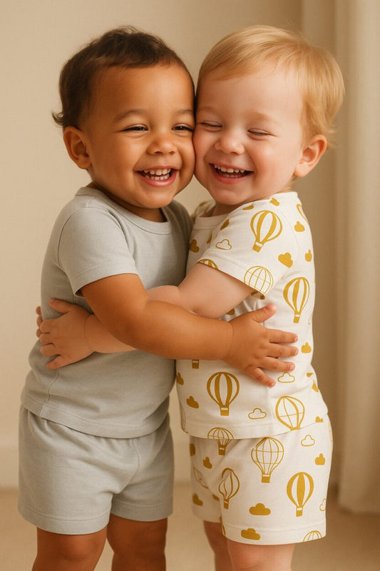 Set of 2 - Short Sleepsuits | Hot Air Balloon & Gray Solid (2-4 Years)