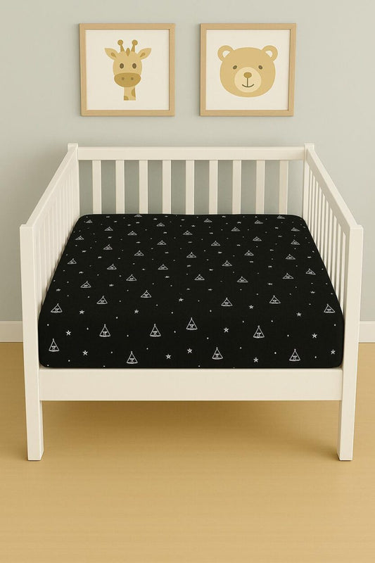 Baby Fitted Sheet - Black Teepee - Cot / Toddler Bed | Cradle