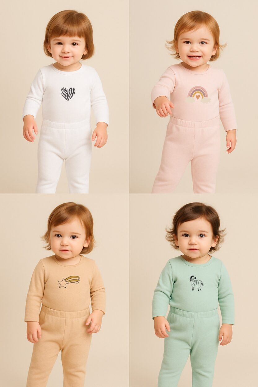 Set of 4 - Sets – Bodysuit & Footie Flannel - Heart | Rainbow | Zebra | Shooting Star (0-1 Years)