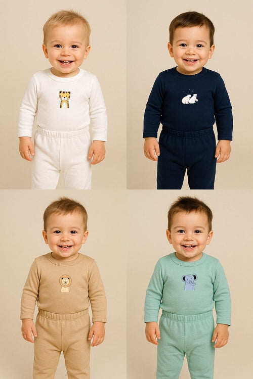 Set of 4 - Flannel Bodysuit & Footie Sets - Elephant | Lion | Cheetah | Polar Bear (0-1 Years)