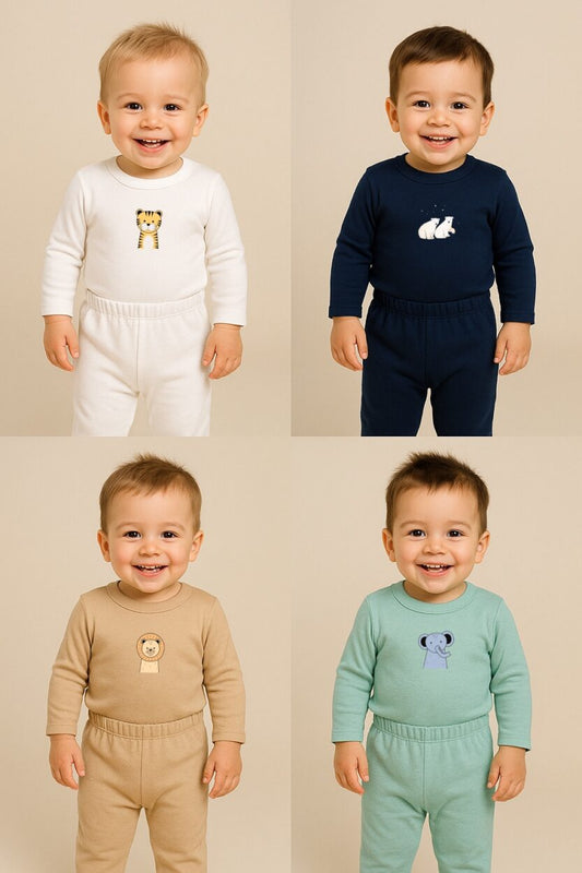 Set of 4 - Flannel Bodysuit & Footie Sets - Elephant | Lion | Cheetah | Polar Bear (0-1 Years)