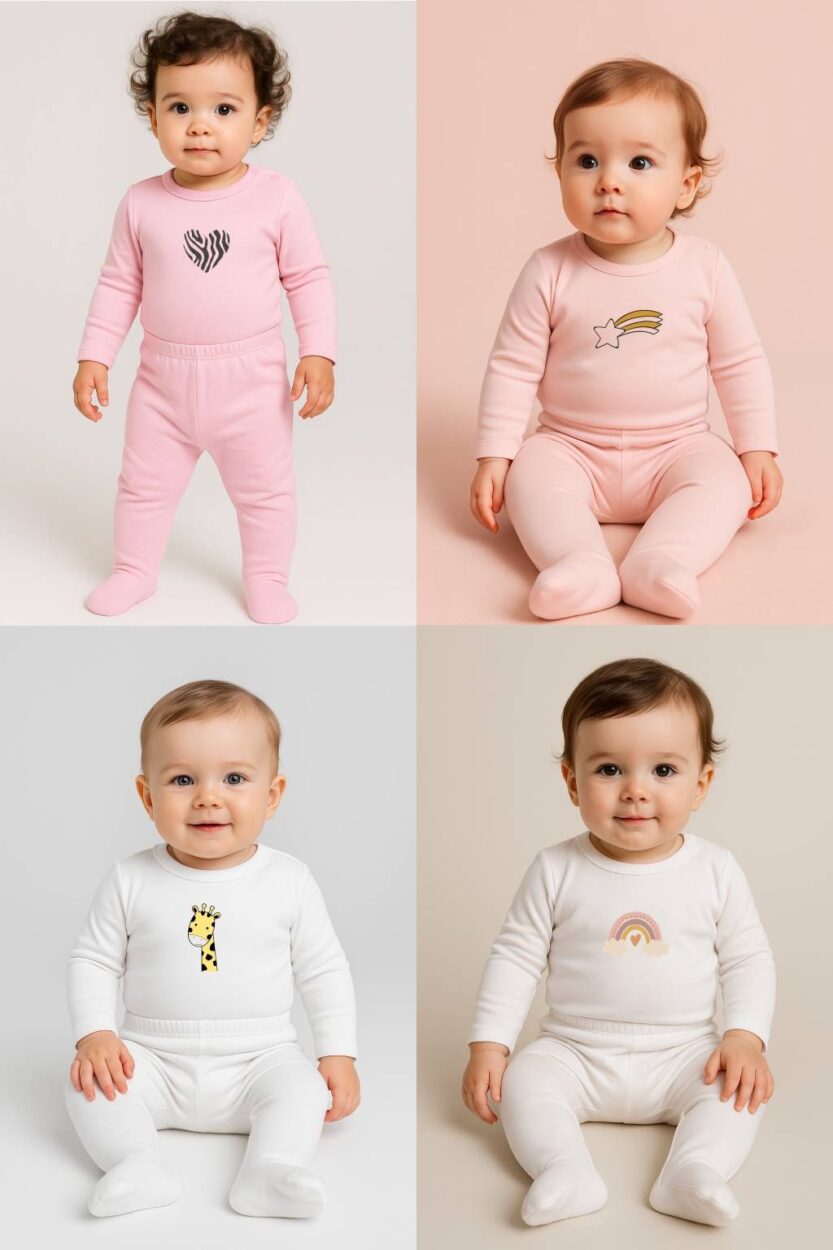 Set of 4 - Sets – Bodysuit & Footie Flannel - Heart | Giraffe | Rainbow | Shooting Star (0-1 Years)