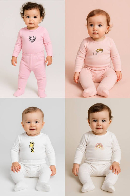Set of 4 - Sets – Bodysuit & Footie Flannel - Heart | Giraffe | Rainbow | Shooting Star (0-1 Years)