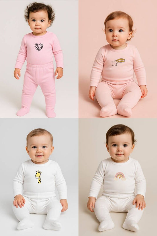 Set of 4 - Sets – Bodysuit & Footie Flannel - Heart | Giraffe | Rainbow | Shooting Star (0-1 Years)