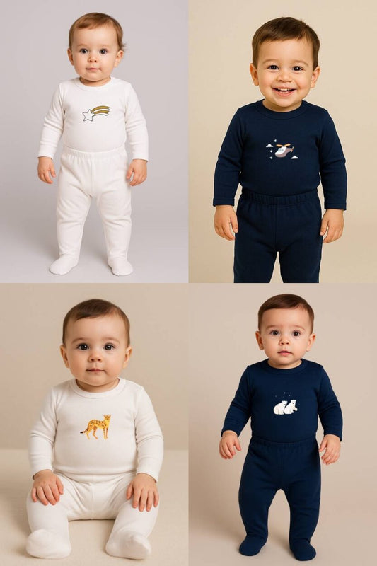 Set of 4 - Sets – Bodysuit & Footie Flannel - Shooting Star | Helicopter | Polar Bear | Leopard (0-1 Years)
