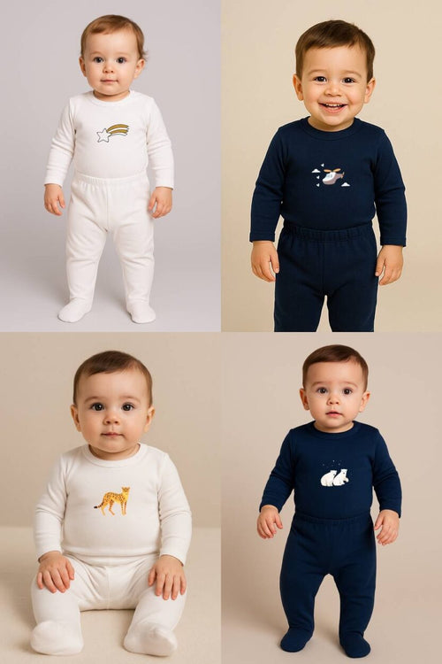 Set of 4 - Flannel Bodysuit & Footie Sets - Shooting Star | Helicopter | Polar Bear | Leopard (0-1 Years)