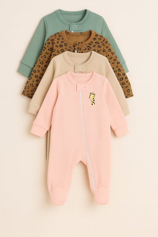 Set of 4 - Double-Zip Flannel Zipsuits - Giraffe | Leopard | Solid Turquoise | Mixed Sizes