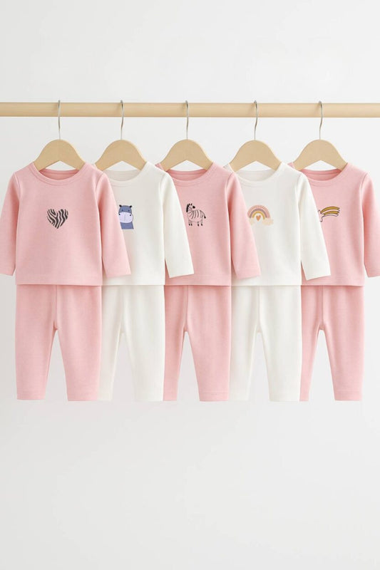 Set of 5 - Long Sleeve Flannel Sleepsuits - Shooting Star | Rainbow | Zebra | Hippo | Heart (1-2.5 Years)