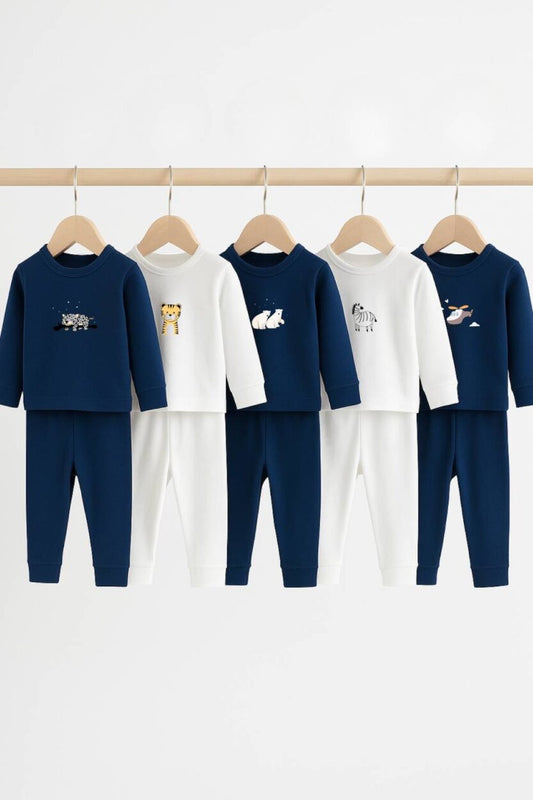Set of 5 - Long Sleeve Flannel Sleepsuits - Helicopter | Zebra | Polar Bear | Cheetah | Leopard (1-2.5 Years)