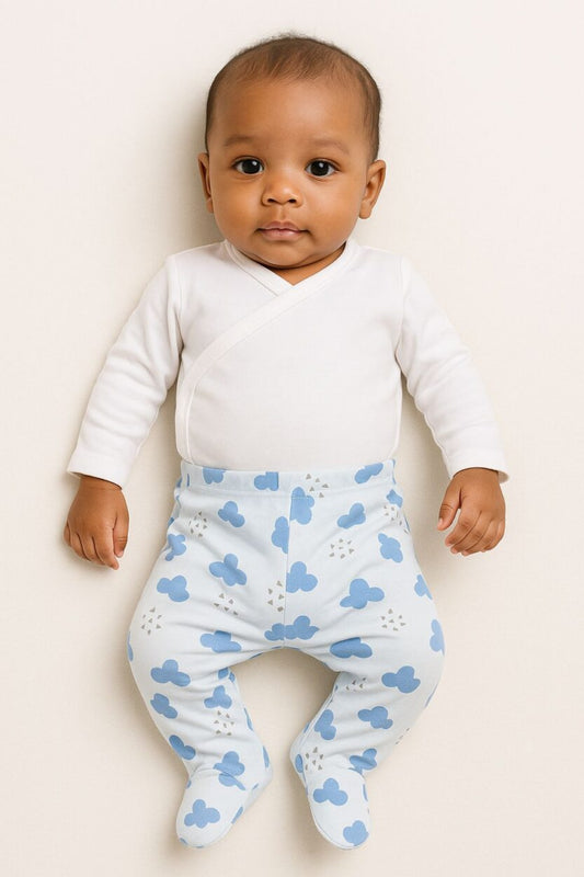 Envelope Bodysuit & Footie Set Flannel - White | Light Blue Clouds (0-3M)